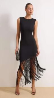 Black Knitted Party Dress with Tassel Detail and Bodycone/Body-hugging Lining