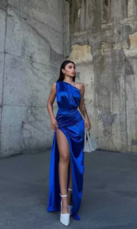 a7dac80c9ee8702450dddbe6cf0f4df2.jpg Draped Satin Evening Dress with One Sleeve - Image 1