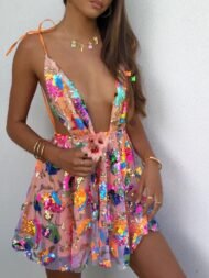 Women's Dresses V-Neck Open Back Sequins Lace-Up Mini Dress - Image 3