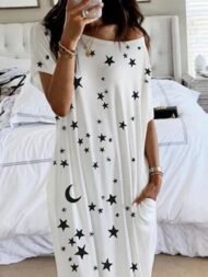 Star And Moon Print Short Sleeve Maxi Dress - Image 9