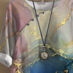 Round Neck Foil Print Loose Short Sleeve Blouse